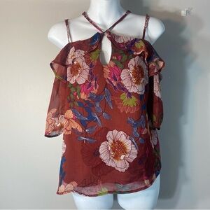 Lily White Women Shirt M Ruffle Sleeve Halter Floral Cold Shoulder Crop